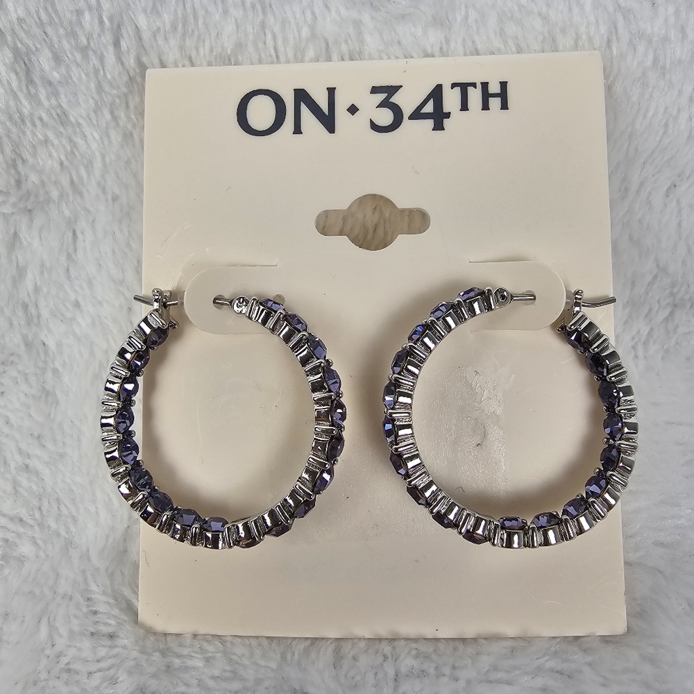 On 34th Women's Silver and Purple Crystal Hoop Earrings